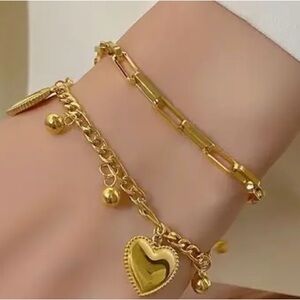 1pc Golden Stainless Steel Double Layer Love Pendant Bracelet,
